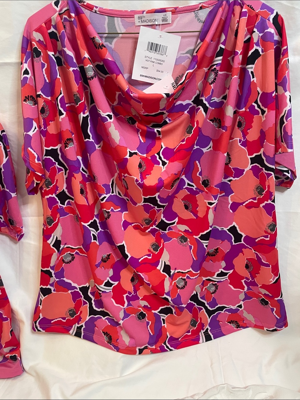 NWT 89th Madison Pink, Coral & Purple Floral Drape-Neck Blouse